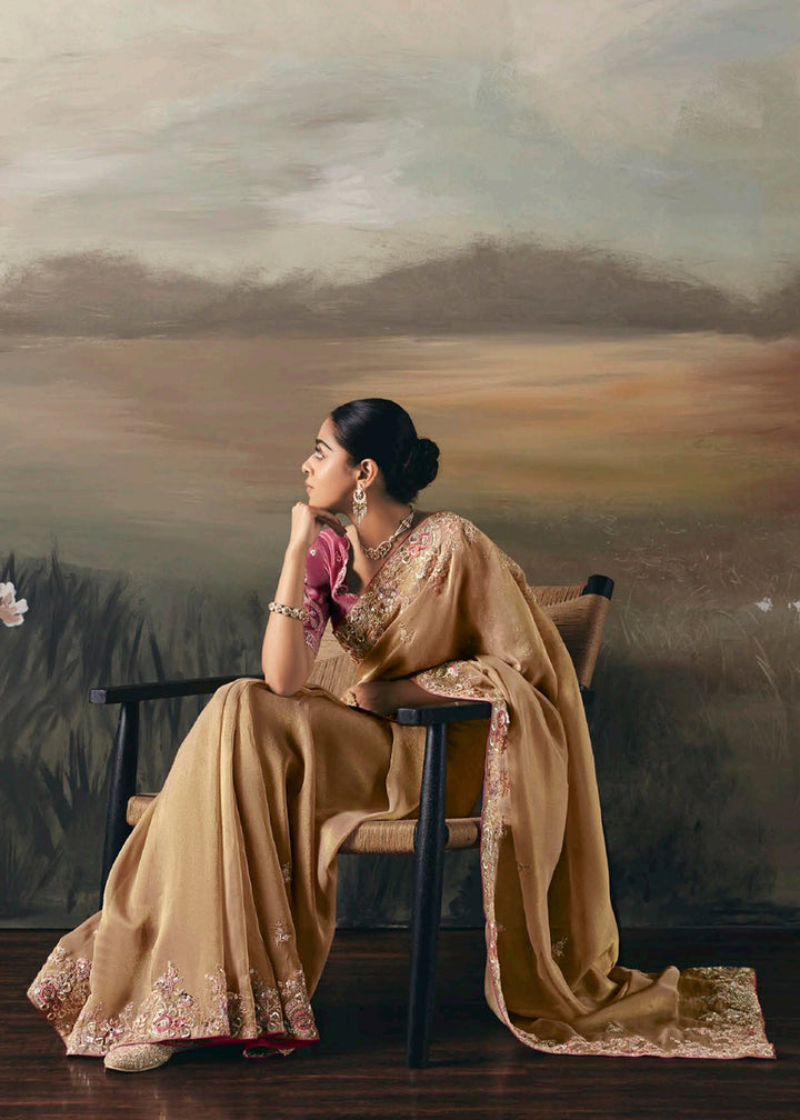 Buy Beige Premium Tissue Zari Fabric Designer Saree Online in US, UK, Canada, France, Germany, Denmark, Netherlands, Sweden, Ireland & Worldwide at Empress.