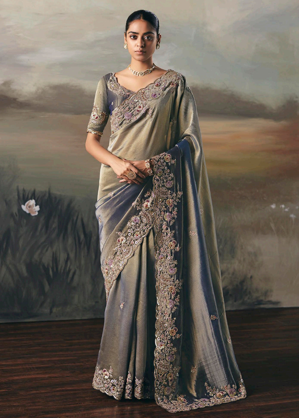 Buy Grey Premium Tissue Zari Fabric Designer Saree Online in US, UK, Canada, France, Germany, Denmark, Netherlands, Sweden, Ireland & Worldwide at Empress.