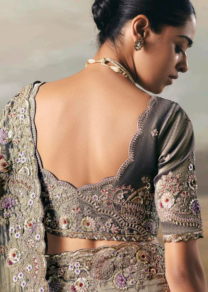 Buy Grey Premium Tissue Zari Fabric Designer Saree Online in US, UK, Canada, France, Germany, Denmark, Netherlands, Sweden, Ireland & Worldwide at Empress.