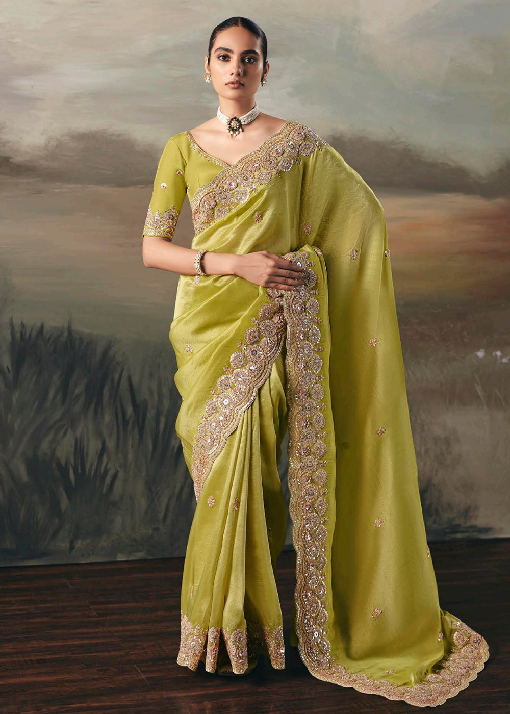 Buy Premium Tissue Zari Fabric Green Designer Saree Online in US, UK, Canada, France, Germany, Denmark, Netherlands, Sweden, Ireland & Worldwide at Empress.