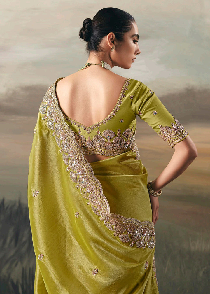 Buy Premium Tissue Zari Fabric Green Designer Saree Online in US, UK, Canada, France, Germany, Denmark, Netherlands, Sweden, Ireland & Worldwide at Empress.
