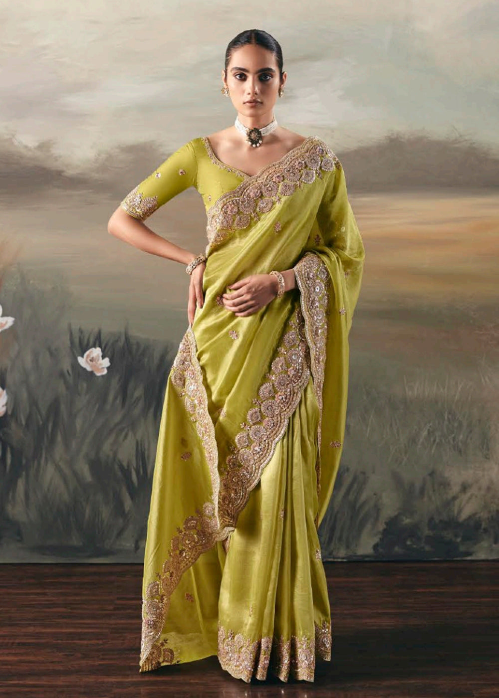 Buy Premium Tissue Zari Fabric Green Designer Saree Online in US, UK, Canada, France, Germany, Denmark, Netherlands, Sweden, Ireland & Worldwide at Empress.