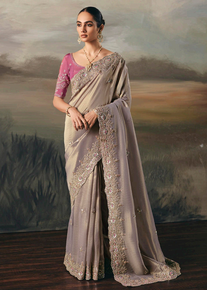 Buy Premium Tissue Zari Fabric Grey Designer Saree Online in US, UK, Canada, France, Germany, Denmark, Netherlands, Sweden, Ireland & Worldwide at Empress.