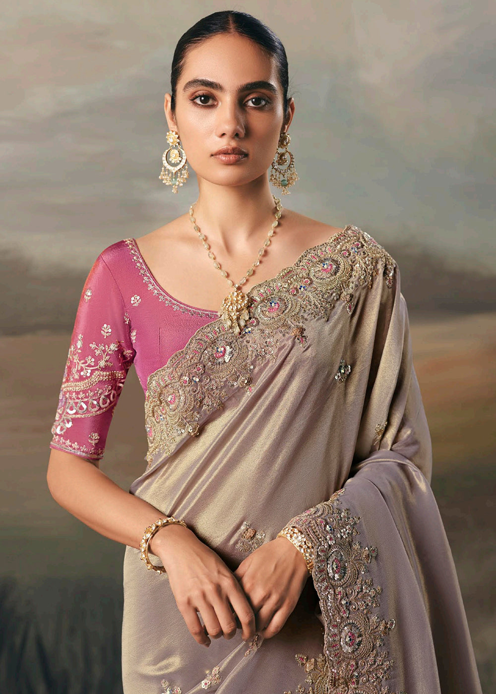 Buy Premium Tissue Zari Fabric Grey Designer Saree Online in US, UK, Canada, France, Germany, Denmark, Netherlands, Sweden, Ireland & Worldwide at Empress.