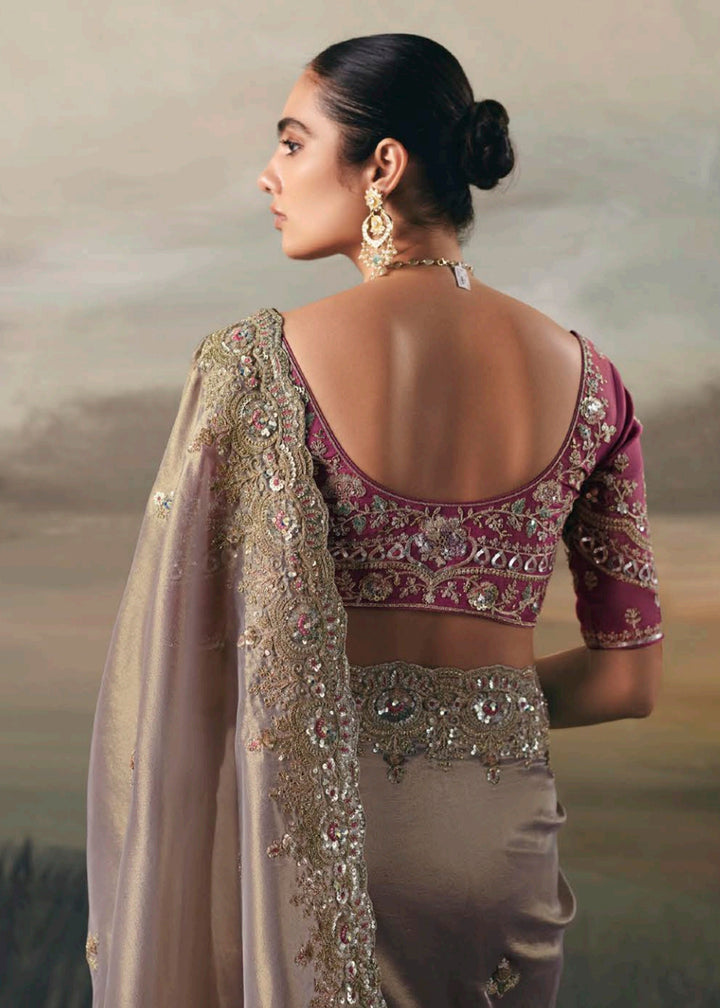 Buy Premium Tissue Zari Fabric Grey Designer Saree Online in US, UK, Canada, France, Germany, Denmark, Netherlands, Sweden, Ireland & Worldwide at Empress.