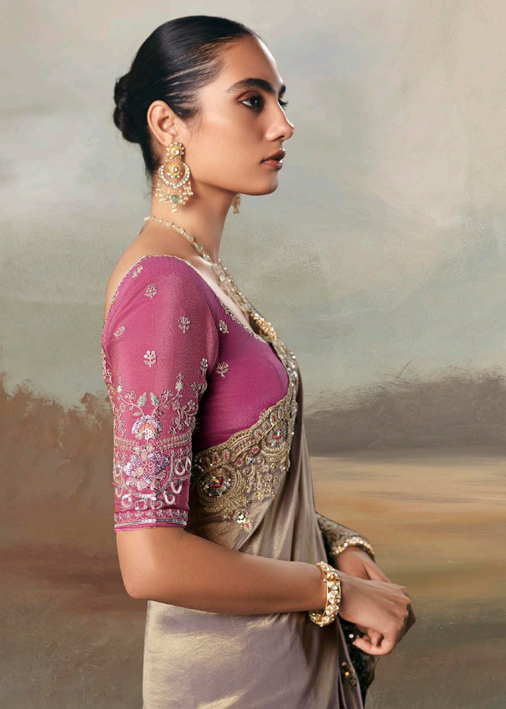 Buy Premium Tissue Zari Fabric Grey Designer Saree Online in US, UK, Canada, France, Germany, Denmark, Netherlands, Sweden, Ireland & Worldwide at Empress.