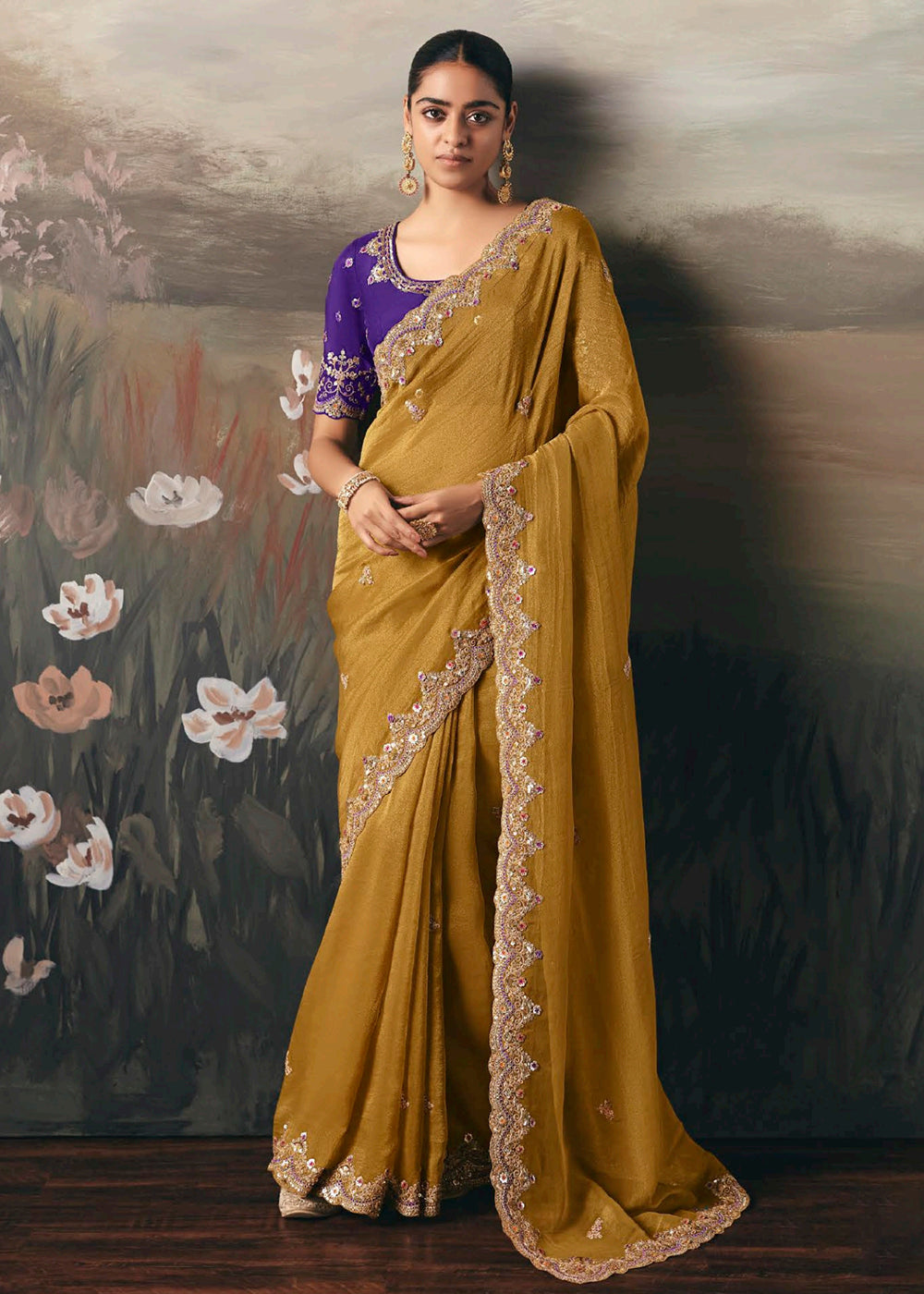 Buy Mustard Premium Tissue Zari Fabric Designer Saree Online in US, UK, Canada, France, Germany, Denmark, Netherlands, Sweden, Ireland & Worldwide at Empress.