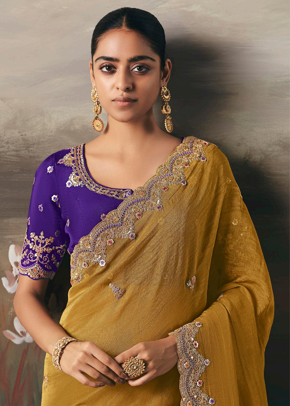 Buy Mustard Premium Tissue Zari Fabric Designer Saree Online in US, UK, Canada, France, Germany, Denmark, Netherlands, Sweden, Ireland & Worldwide at Empress.