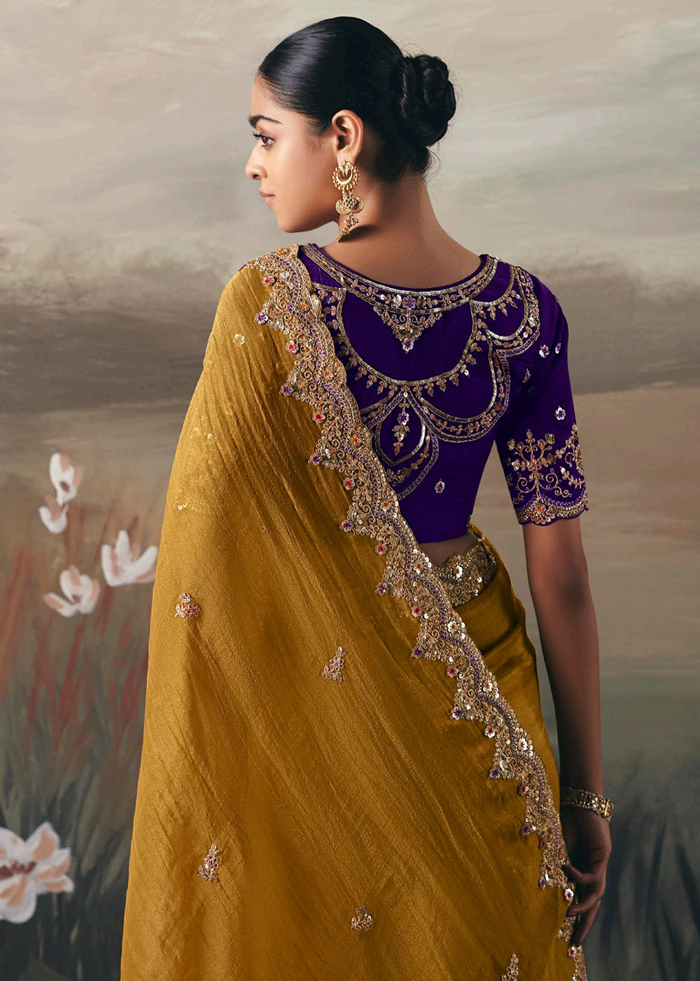 Buy Mustard Premium Tissue Zari Fabric Designer Saree Online in US, UK, Canada, France, Germany, Denmark, Netherlands, Sweden, Ireland & Worldwide at Empress.