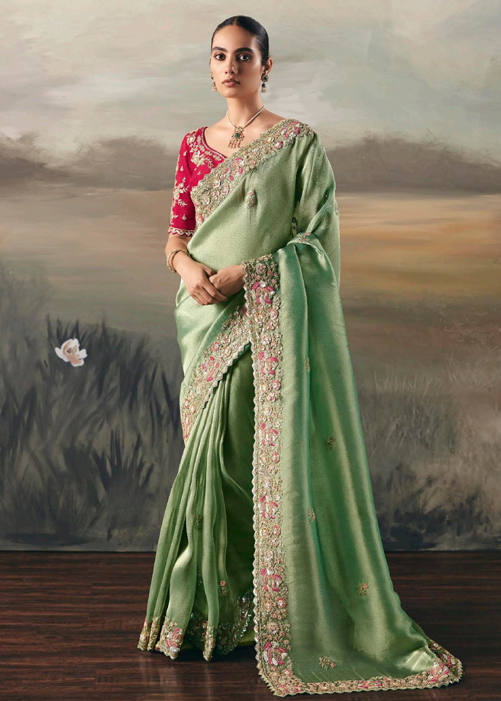 Buy Mint Premium Tissue Zari Fabric Designer Saree Online in US, UK, Canada, France, Germany, Denmark, Netherlands, Sweden, Ireland & Worldwide at Empress.