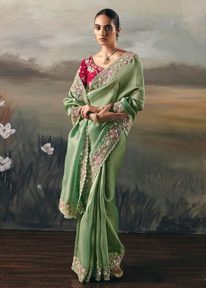 Buy Mint Premium Tissue Zari Fabric Designer Saree Online in US, UK, Canada, France, Germany, Denmark, Netherlands, Sweden, Ireland & Worldwide at Empress.