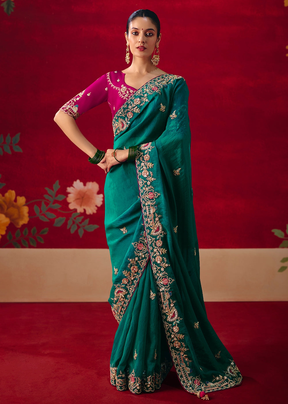 Buy Now Rama Green Fancy Material Wedding Designer Saree Online in US, UK, Canada, France, Germany, Denmark, Netherlands, Sweden, UAE & Worldwide at Empress.