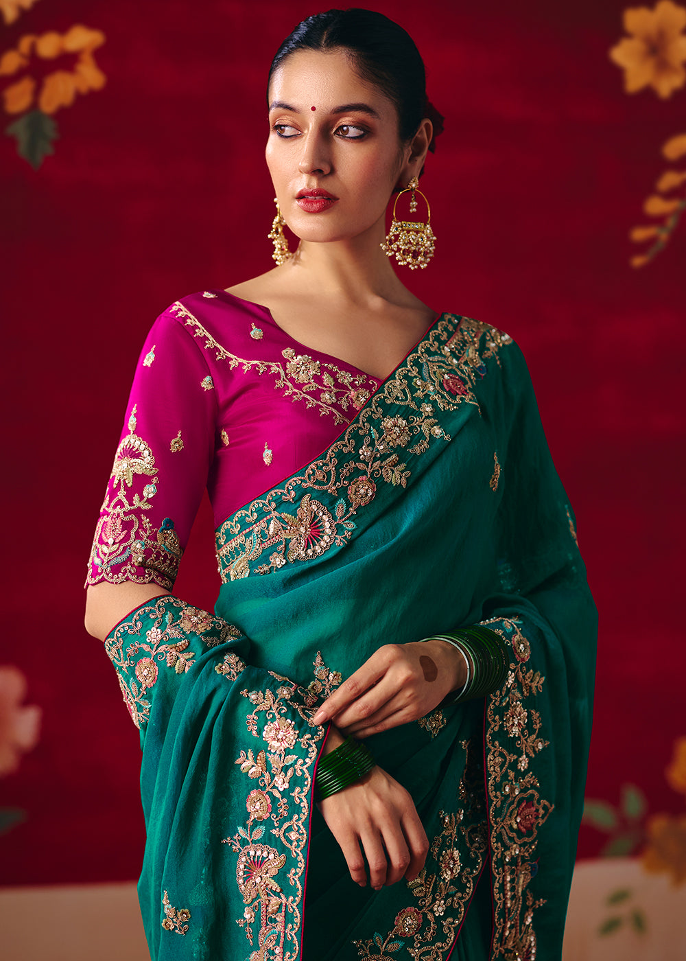 Buy Now Rama Green Fancy Material Wedding Designer Saree Online in US, UK, Canada, France, Germany, Denmark, Netherlands, Sweden, UAE & Worldwide at Empress.