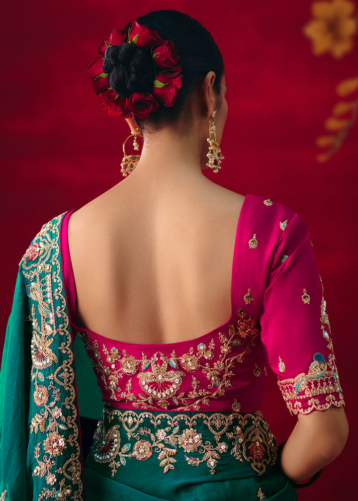 Buy Now Rama Green Fancy Material Wedding Designer Saree Online in US, UK, Canada, France, Germany, Denmark, Netherlands, Sweden, UAE & Worldwide at Empress.