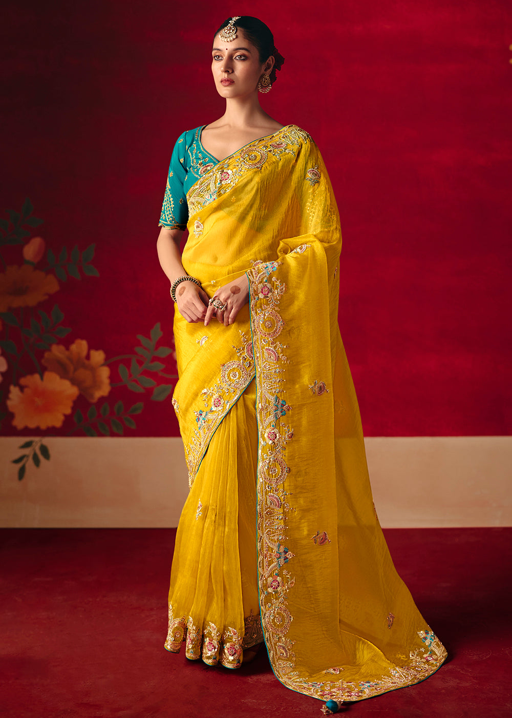 Buy Now Lemon Yellow Fancy Material Wedding Designer Saree Online in US, UK, Canada, France, Germany, Denmark, Netherlands, Sweden, UAE & Worldwide at Empress.