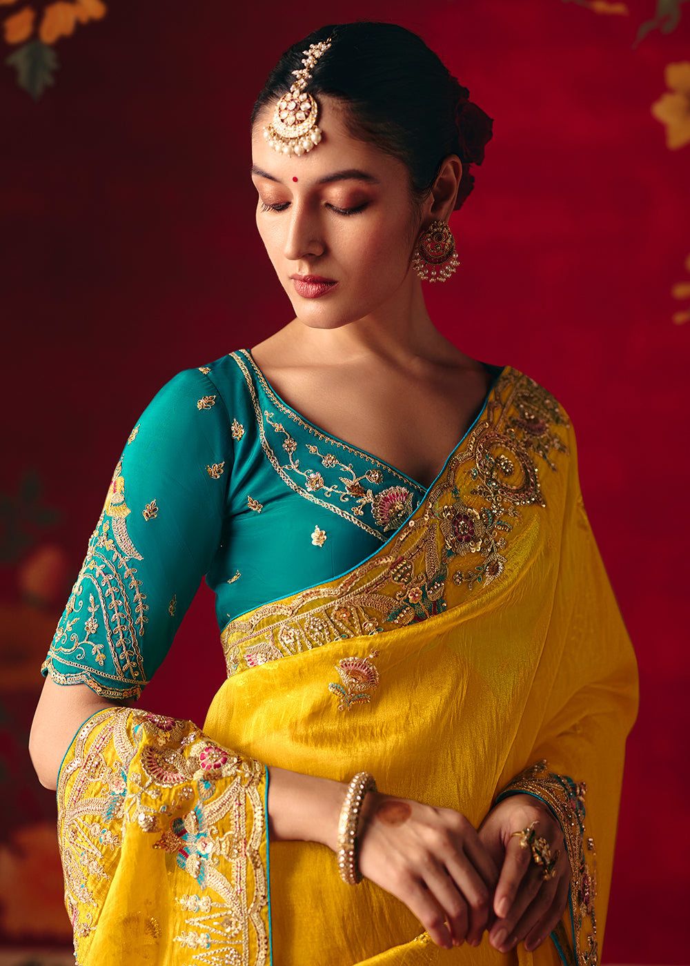 Buy Now Lemon Yellow Fancy Material Wedding Designer Saree Online in US, UK, Canada, France, Germany, Denmark, Netherlands, Sweden, UAE & Worldwide at Empress.