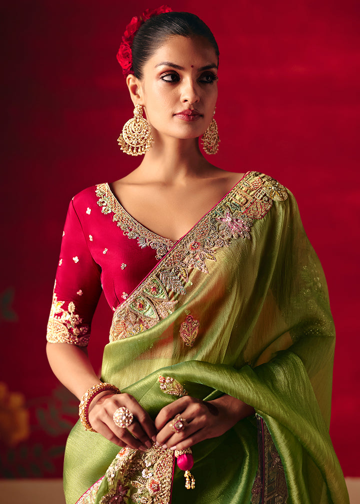Buy Now Pista Green Fancy Material Wedding Designer Saree Online in US, UK, Canada, France, Germany, Denmark, Netherlands, Sweden, UAE & Worldwide at Empress.