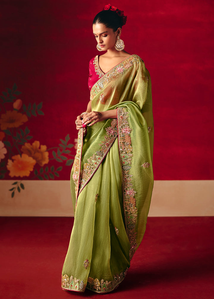Buy Now Pista Green Fancy Material Wedding Designer Saree Online in US, UK, Canada, France, Germany, Denmark, Netherlands, Sweden, UAE & Worldwide at Empress.