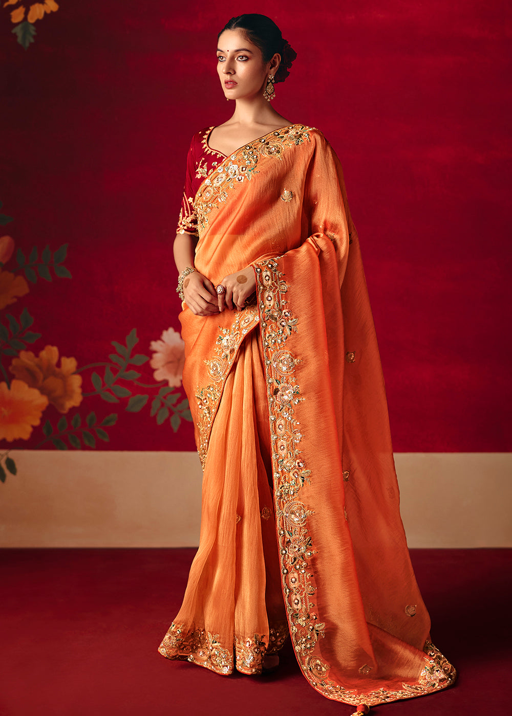 Buy Now Salmon Orange Fancy Material Wedding Designer Saree Online in US, UK, Canada, France, Germany, Denmark, Netherlands, Sweden, UAE & Worldwide at Empress.