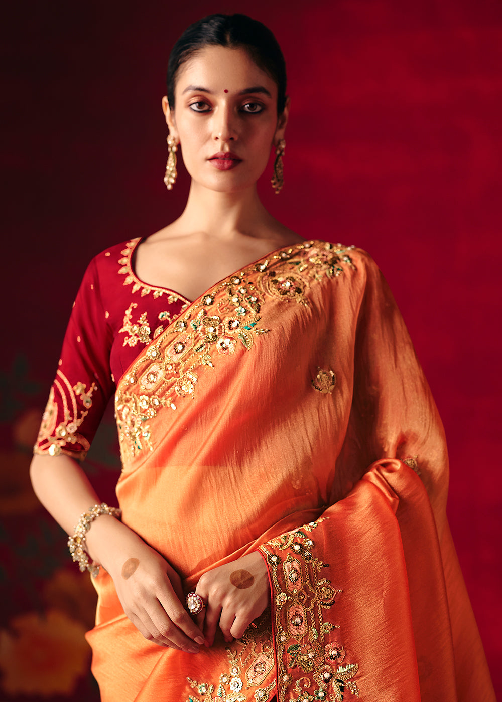 Buy Now Salmon Orange Fancy Material Wedding Designer Saree Online in US, UK, Canada, France, Germany, Denmark, Netherlands, Sweden, UAE & Worldwide at Empress.