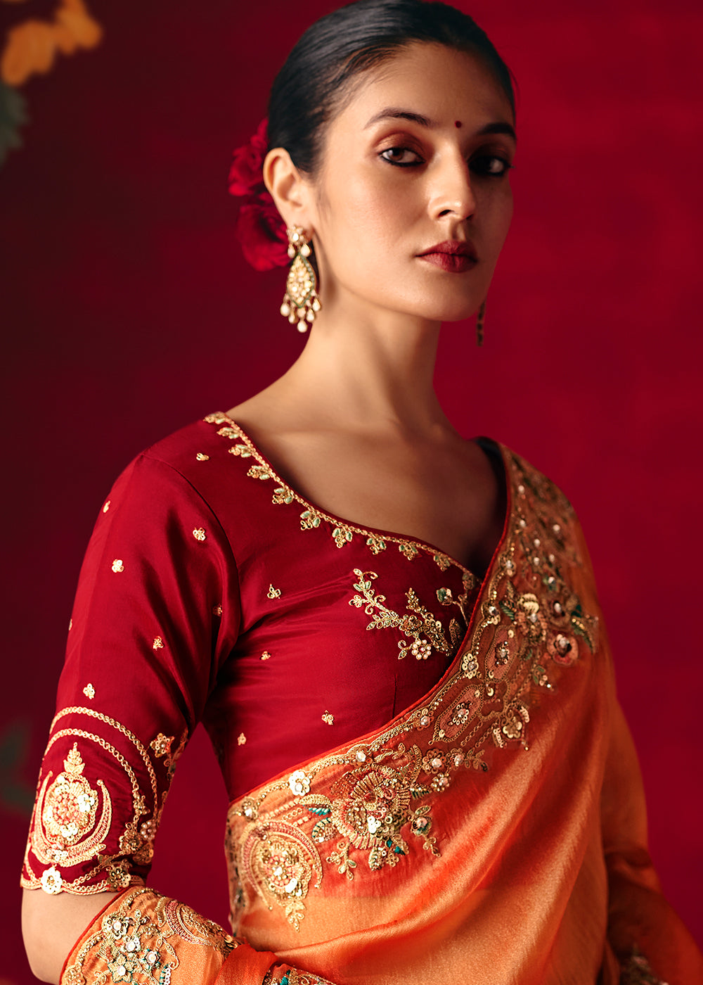 Buy Now Salmon Orange Fancy Material Wedding Designer Saree Online in US, UK, Canada, France, Germany, Denmark, Netherlands, Sweden, UAE & Worldwide at Empress.