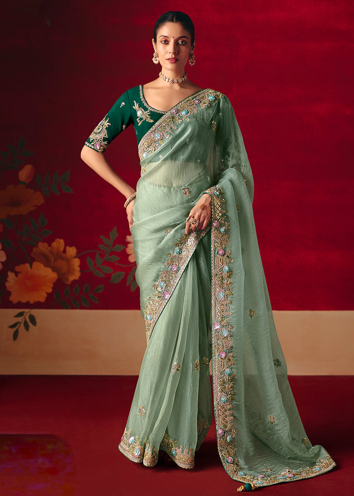 Buy Now Ice Blue Fancy Material Wedding Designer Saree Online in US, UK, Canada, France, Germany, Denmark, Netherlands, Sweden, UAE & Worldwide at Empress.