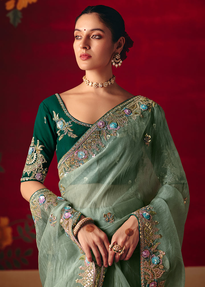 Buy Now Ice Blue Fancy Material Wedding Designer Saree Online in US, UK, Canada, France, Germany, Denmark, Netherlands, Sweden, UAE & Worldwide at Empress.