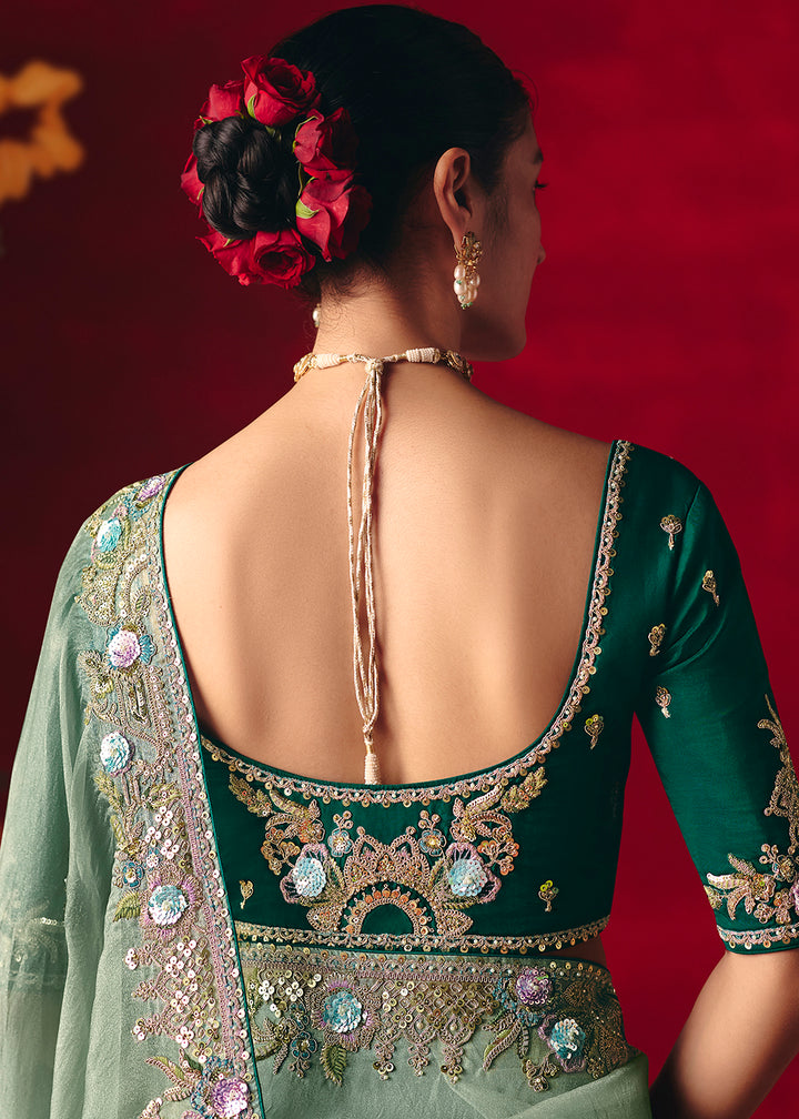 Buy Now Ice Blue Fancy Material Wedding Designer Saree Online in US, UK, Canada, France, Germany, Denmark, Netherlands, Sweden, UAE & Worldwide at Empress.