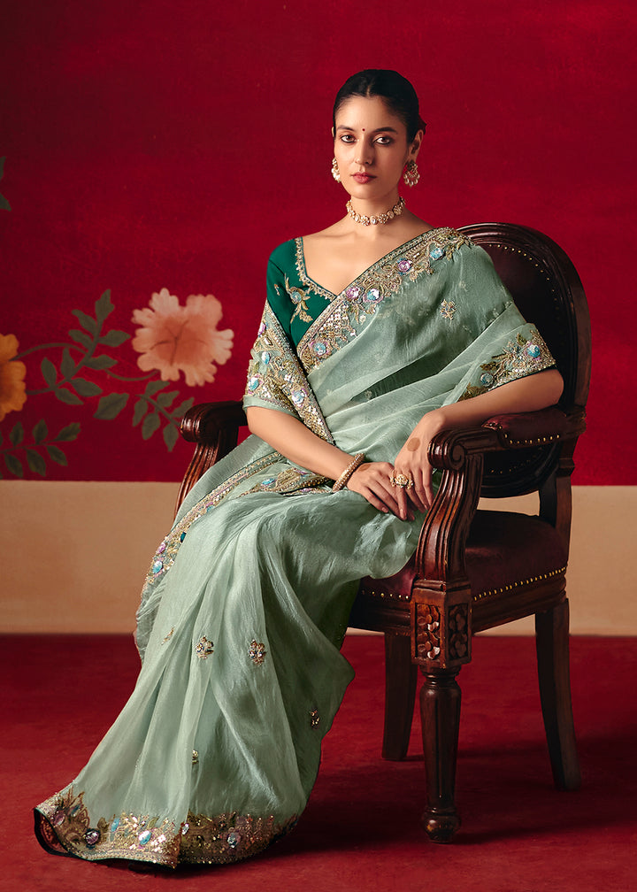 Buy Now Ice Blue Fancy Material Wedding Designer Saree Online in US, UK, Canada, France, Germany, Denmark, Netherlands, Sweden, UAE & Worldwide at Empress.