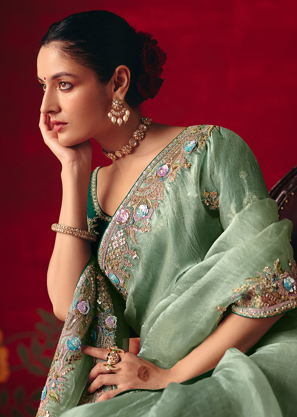 Buy Now Ice Blue Fancy Material Wedding Designer Saree Online in US, UK, Canada, France, Germany, Denmark, Netherlands, Sweden, UAE & Worldwide at Empress.