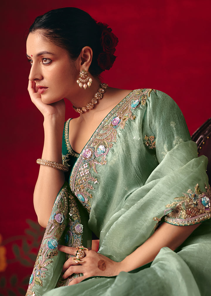 Buy Now Ice Blue Fancy Material Wedding Designer Saree Online in US, UK, Canada, France, Germany, Denmark, Netherlands, Sweden, UAE & Worldwide at Empress.