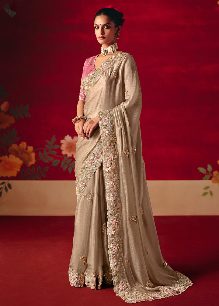 Buy Now Dusty Beige Fancy Material Wedding Designer Saree Online in US, UK, Canada, France, Germany, Denmark, Netherlands, Sweden, UAE & Worldwide at Empress.