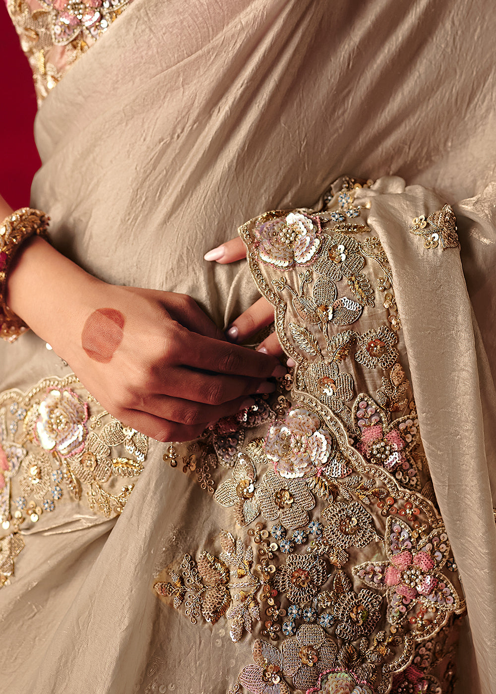 Buy Now Dusty Beige Fancy Material Wedding Designer Saree Online in US, UK, Canada, France, Germany, Denmark, Netherlands, Sweden, UAE & Worldwide at Empress.