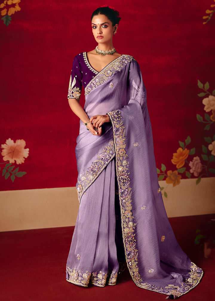 Buy Now Lavender Fancy Material Wedding Designer Saree Online in US, UK, Canada, France, Germany, Denmark, Netherlands, Sweden, UAE & Worldwide at Empress.