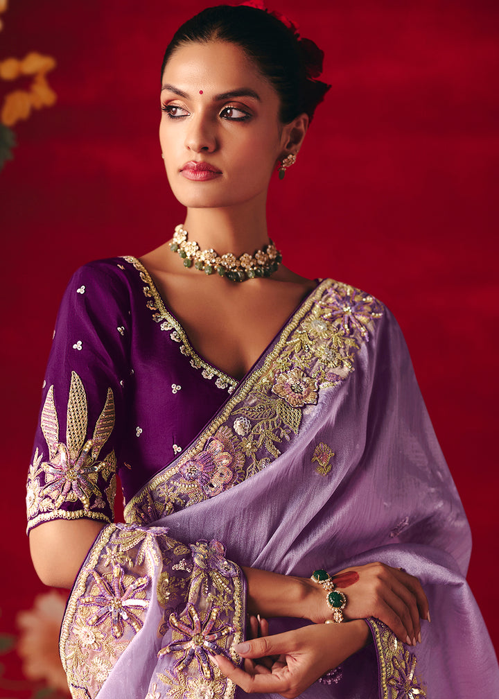 Buy Now Lavender Fancy Material Wedding Designer Saree Online in US, UK, Canada, France, Germany, Denmark, Netherlands, Sweden, UAE & Worldwide at Empress.