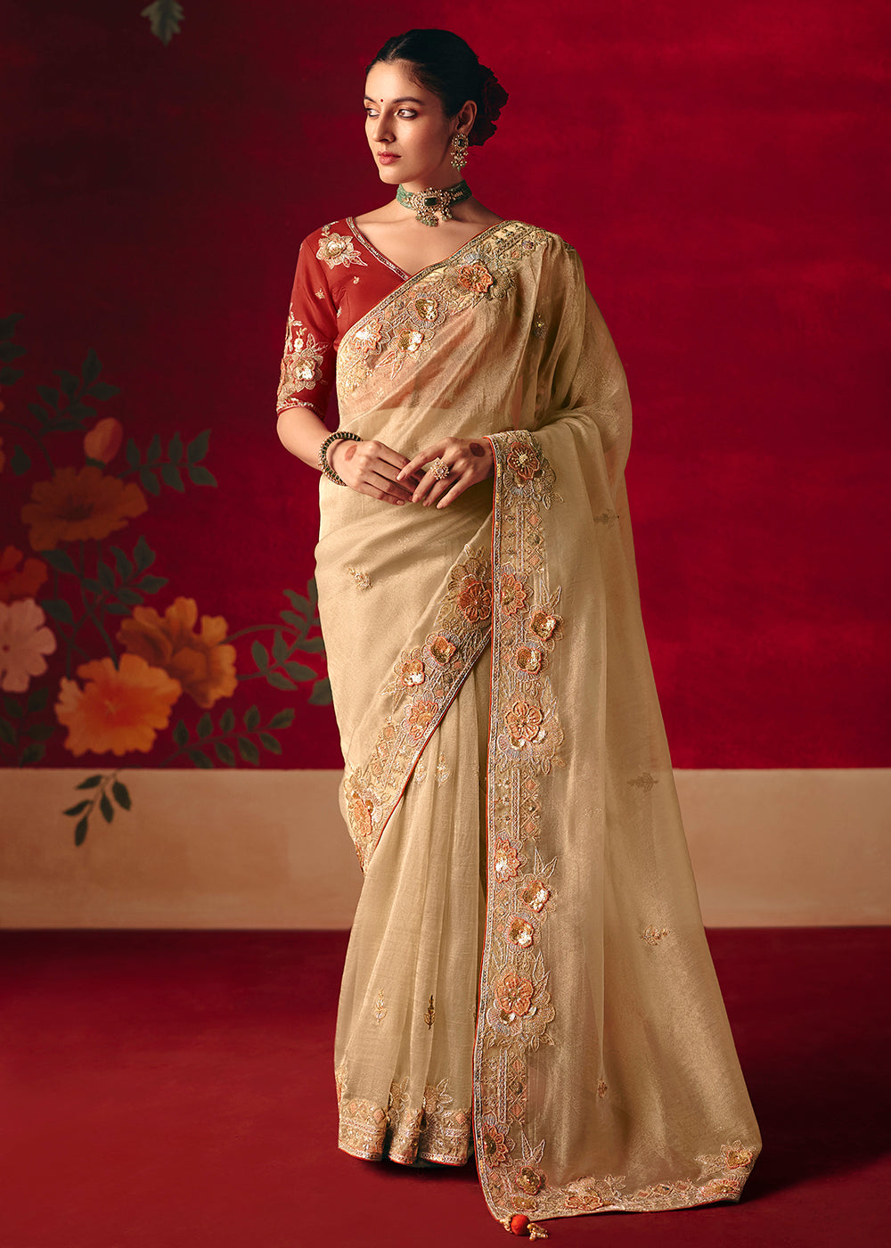 Buy Now Cream Fancy Material Wedding Designer Saree Online in US, UK, Canada, France, Germany, Denmark, Netherlands, Sweden, UAE & Worldwide at Empress.
