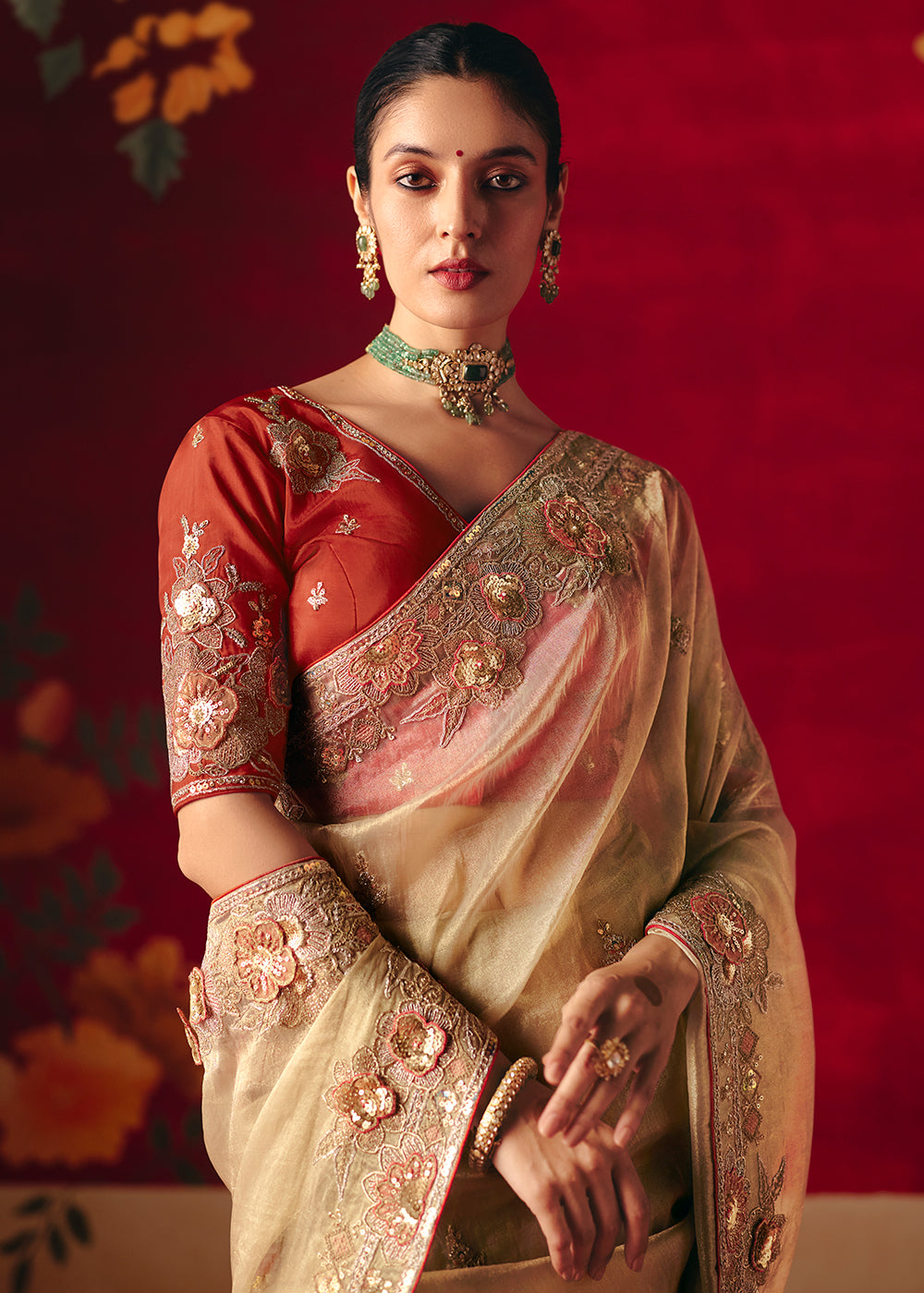 Buy Now Cream Fancy Material Wedding Designer Saree Online in US, UK, Canada, France, Germany, Denmark, Netherlands, Sweden, UAE & Worldwide at Empress.