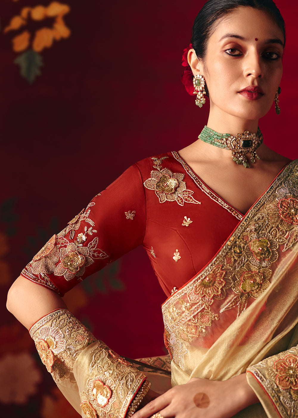 Buy Now Cream Fancy Material Wedding Designer Saree Online in US, UK, Canada, France, Germany, Denmark, Netherlands, Sweden, UAE & Worldwide at Empress.