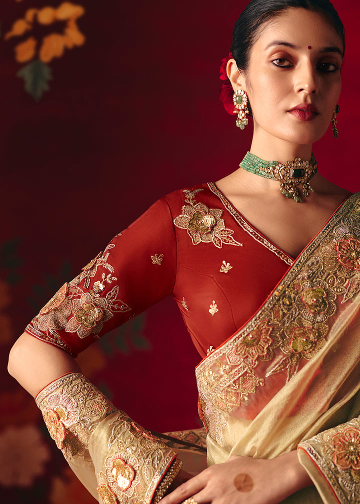 Buy Now Cream Fancy Material Wedding Designer Saree Online in US, UK, Canada, France, Germany, Denmark, Netherlands, Sweden, UAE & Worldwide at Empress.