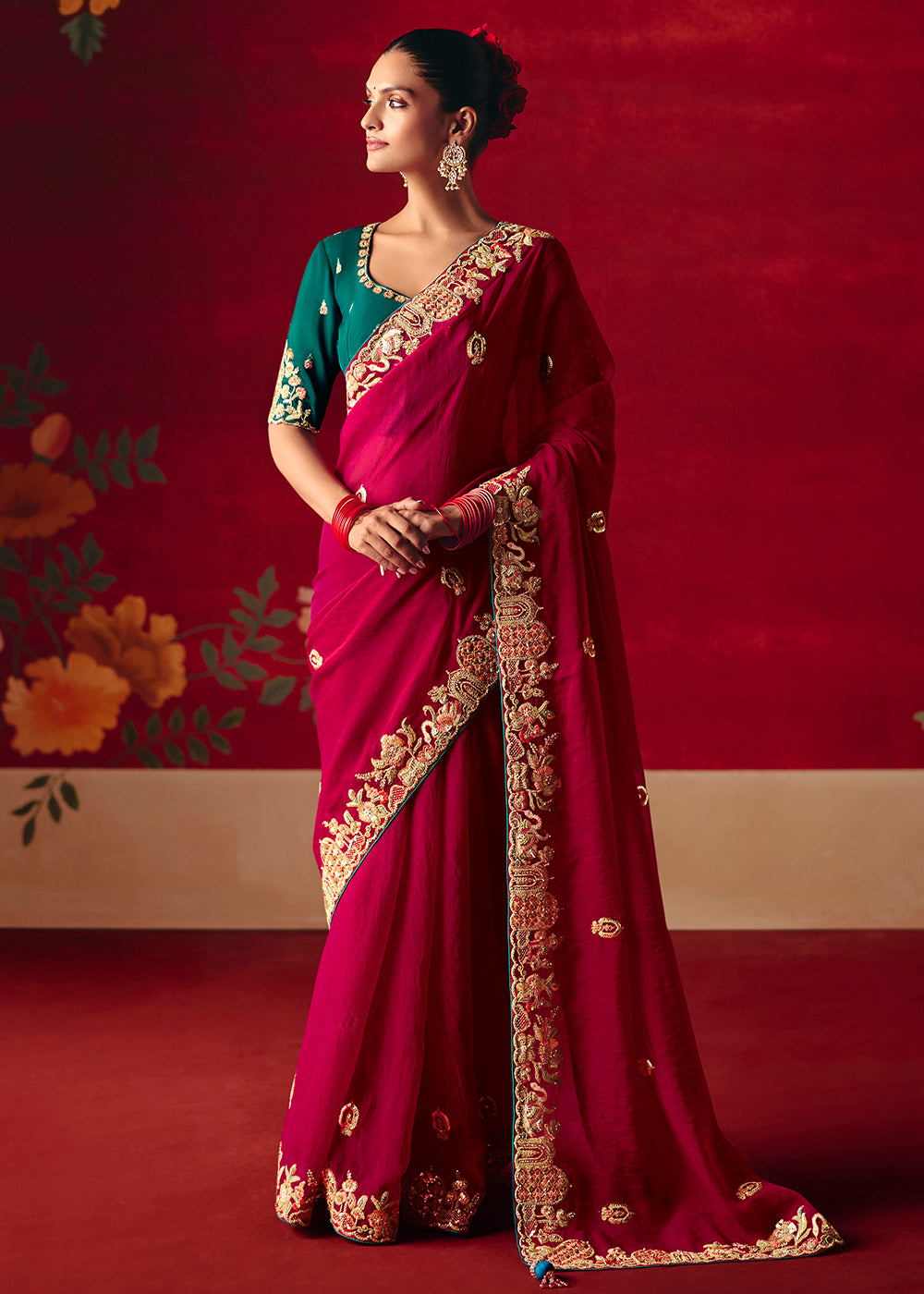 Buy Now Wine Fancy Material Wedding Designer Saree Online in US, UK, Canada, France, Germany, Denmark, Netherlands, Sweden, UAE & Worldwide at Empress.