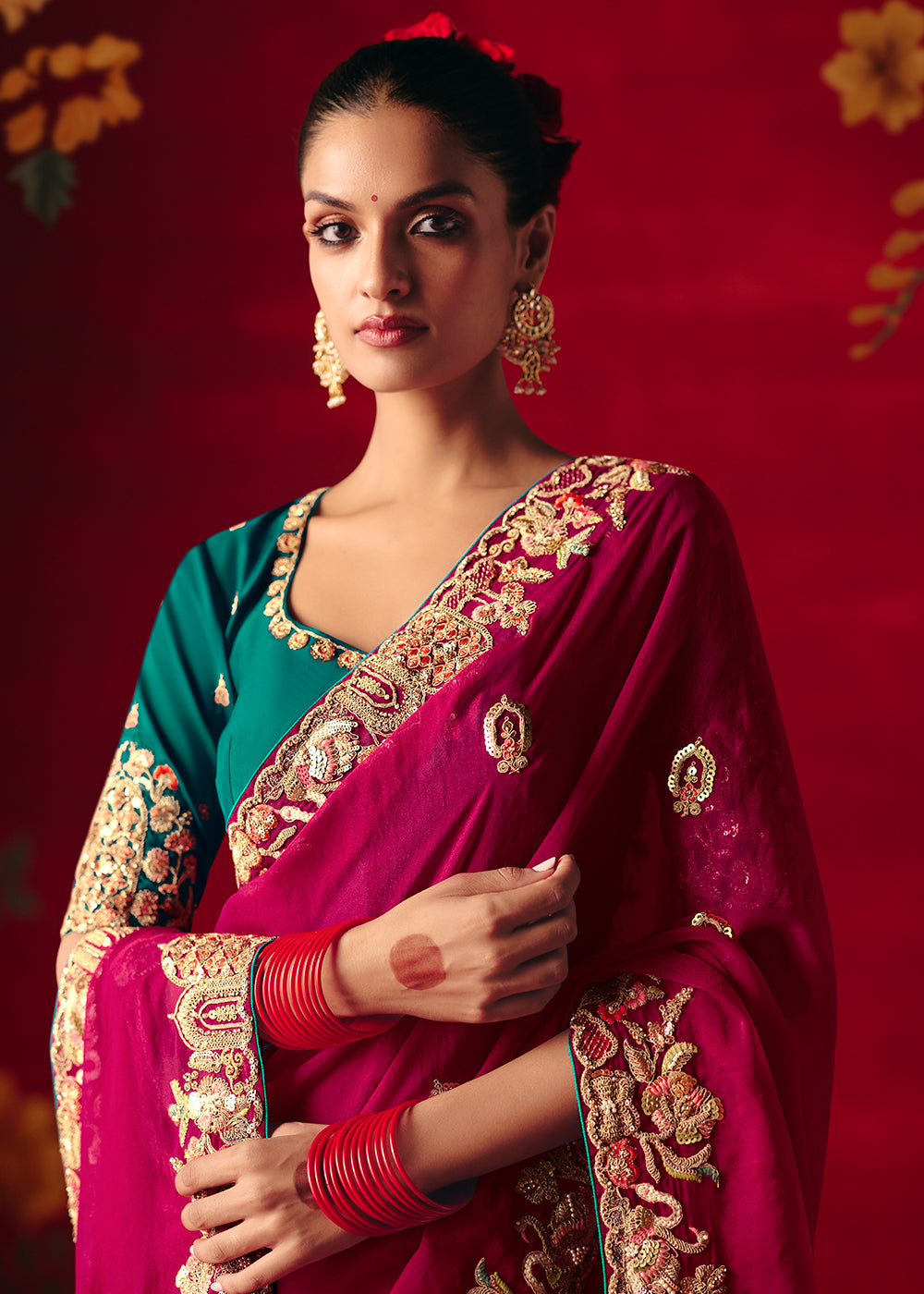 Buy Now Wine Fancy Material Wedding Designer Saree Online in US, UK, Canada, France, Germany, Denmark, Netherlands, Sweden, UAE & Worldwide at Empress.