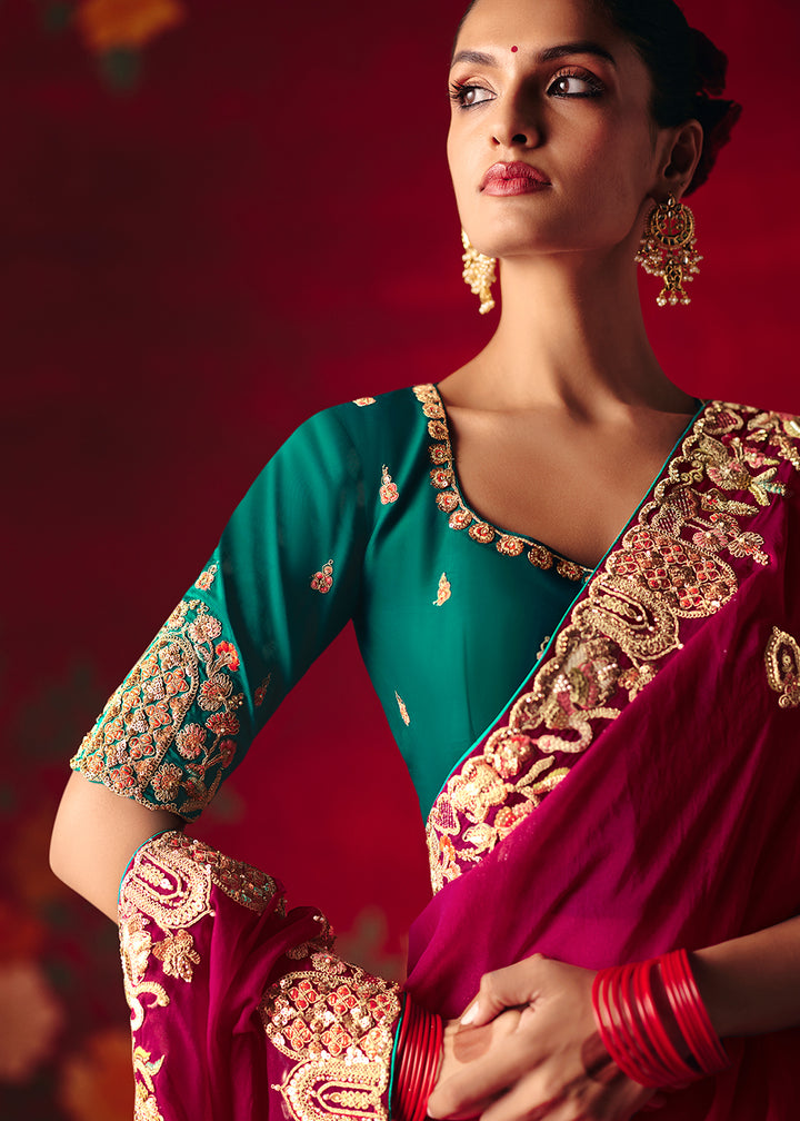 Buy Now Wine Fancy Material Wedding Designer Saree Online in US, UK, Canada, France, Germany, Denmark, Netherlands, Sweden, UAE & Worldwide at Empress.