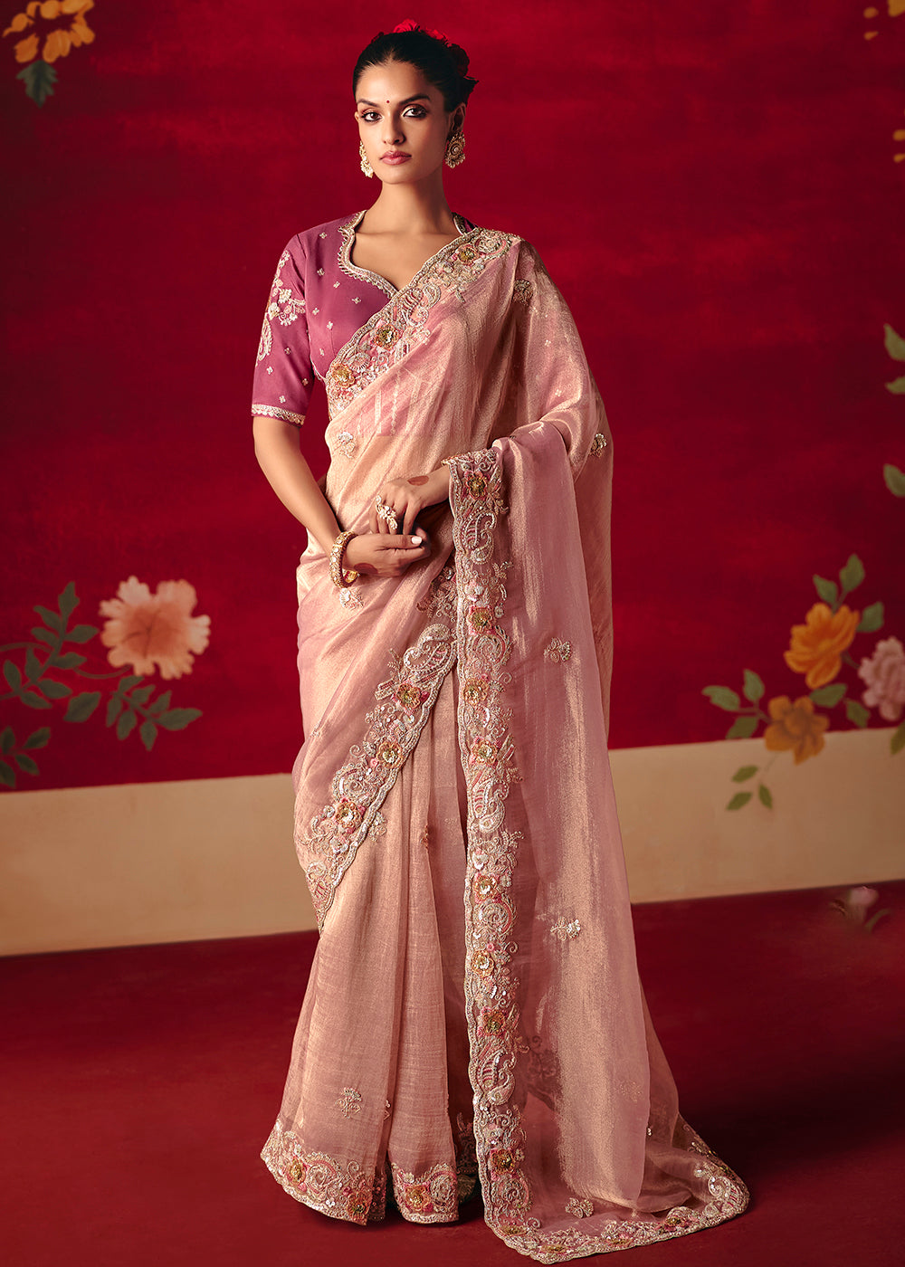 Buy Now Dusty Pink Fancy Material Wedding Designer Saree Online in US, UK, Canada, France, Germany, Denmark, Netherlands, Sweden, UAE & Worldwide at Empress.