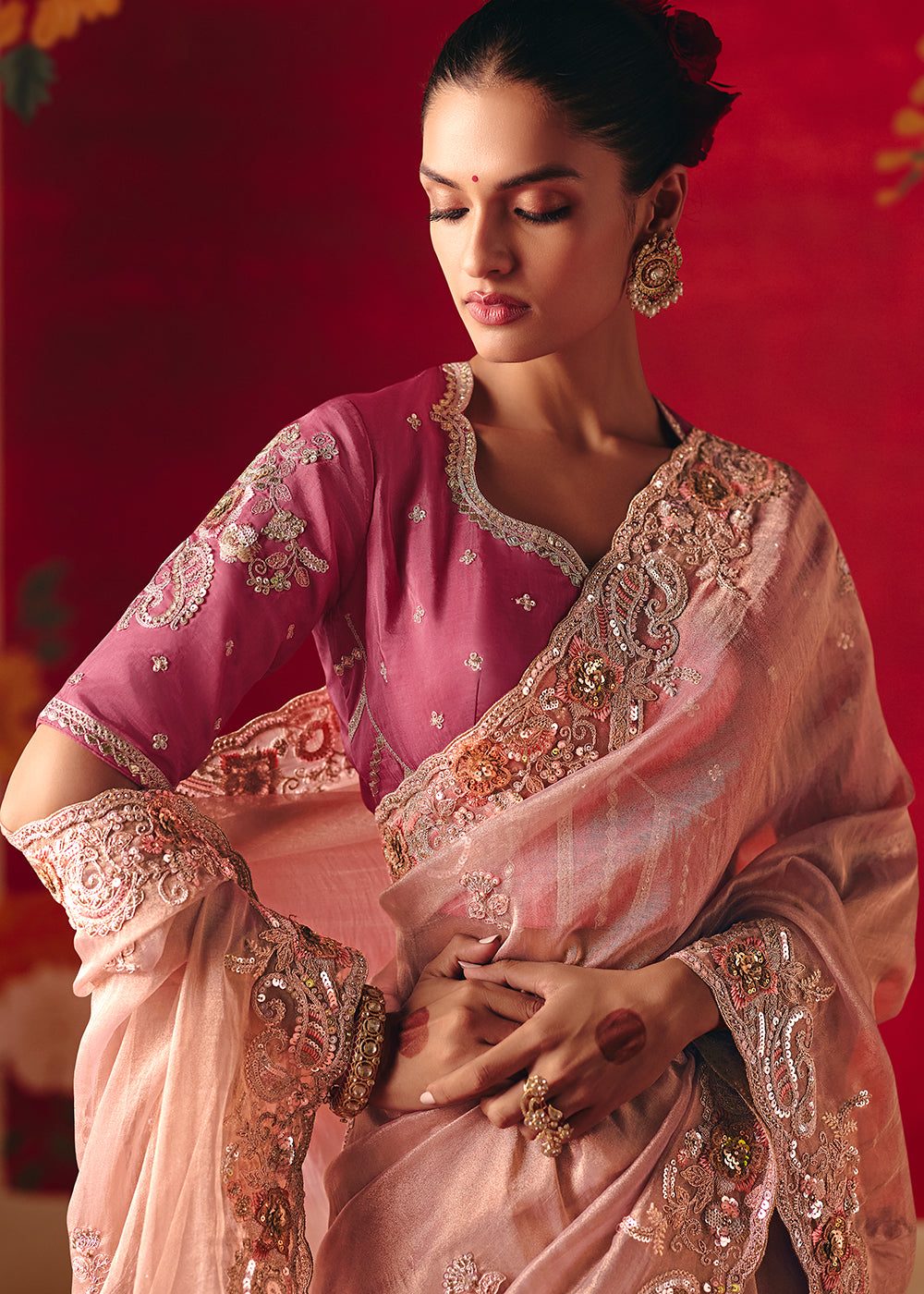 Buy Now Dusty Pink Fancy Material Wedding Designer Saree Online in US, UK, Canada, France, Germany, Denmark, Netherlands, Sweden, UAE & Worldwide at Empress.
