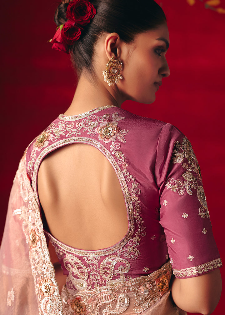 Buy Now Dusty Pink Fancy Material Wedding Designer Saree Online in US, UK, Canada, France, Germany, Denmark, Netherlands, Sweden, UAE & Worldwide at Empress.