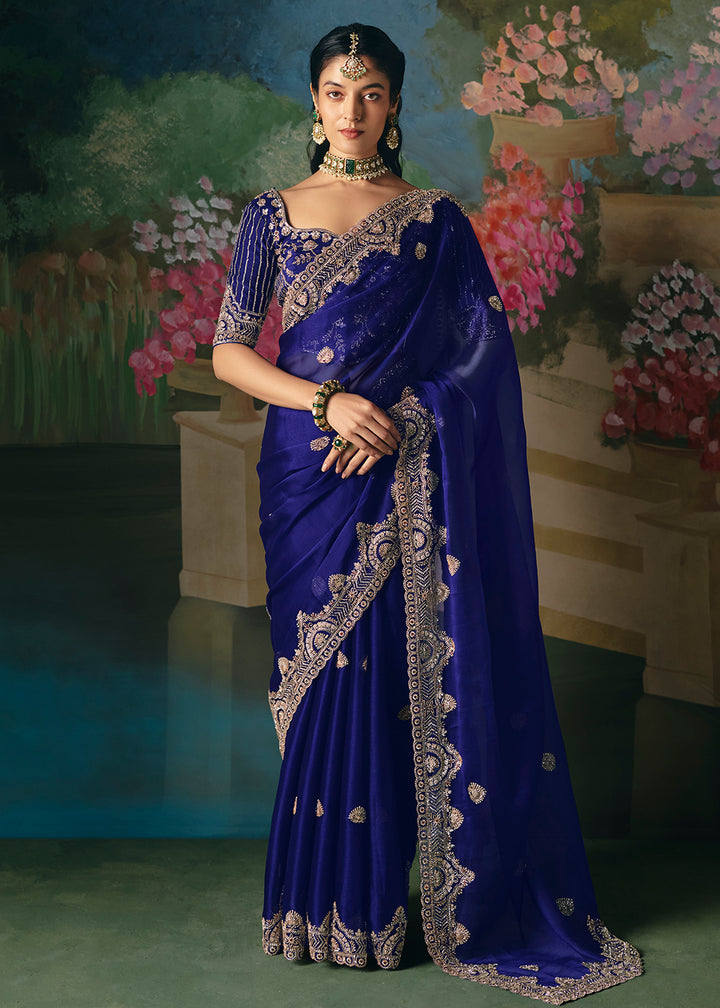Buy Now Blue Premium Fancy Fabric Embellished Designer Saree Online in US, UK, Canada, France, Germany, Denmark, Netherland, Sweden, UAE & Worldwide at Empress.