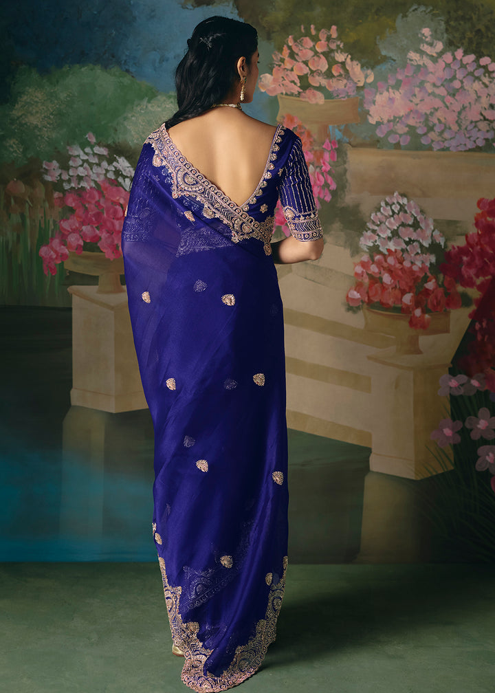 Buy Now Blue Premium Fancy Fabric Embellished Designer Saree Online in US, UK, Canada, France, Germany, Denmark, Netherland, Sweden, UAE & Worldwide at Empress.