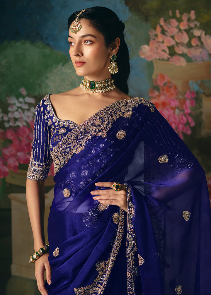Buy Now Blue Premium Fancy Fabric Embellished Designer Saree Online in US, UK, Canada, France, Germany, Denmark, Netherland, Sweden, UAE & Worldwide at Empress.