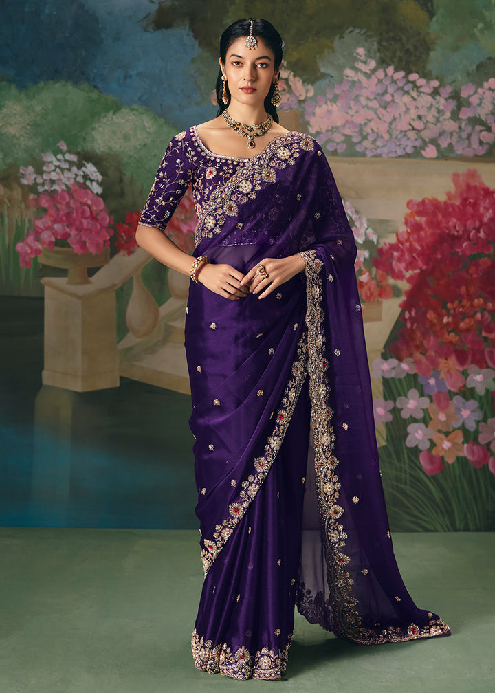 Buy Now Violet Premium Fancy Fabric Embellished Designer Saree Online in US, UK, Canada, France, Germany, Denmark, Netherland, Sweden & Worldwide at Empress.