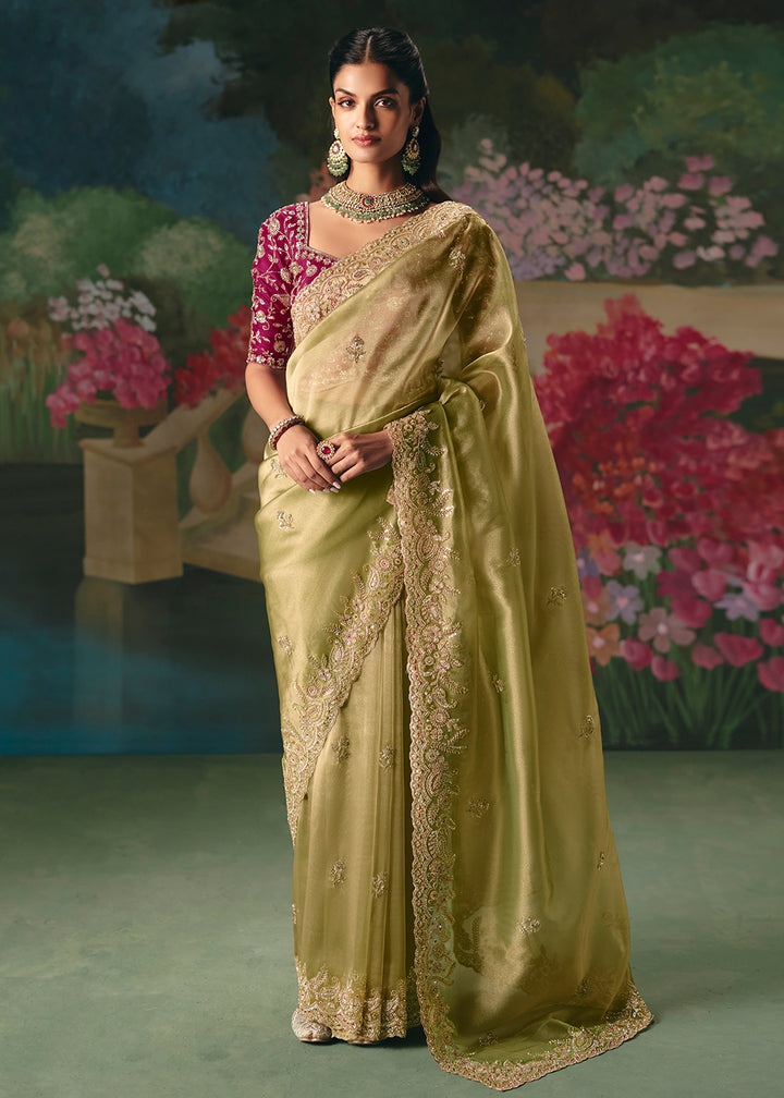 Buy Now Pista Premium Fancy Fabric Embellished Designer Saree Online in US, UK, Canada, France, Germany, Denmark, Netherland, Sweden & Worldwide at Empress.